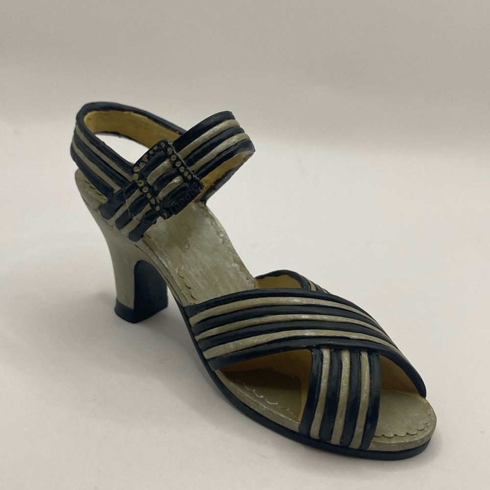 Miniature shoe collection black/tan striped open toe strappy heel resin 4”